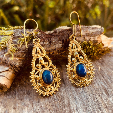 Lapis Lazuli earrings Brass Drop Dangle earrings / Birth Stone / Ethnic / rustic, yoga, hippie, gypsy, pretty, psy, boho, bohemian, festival