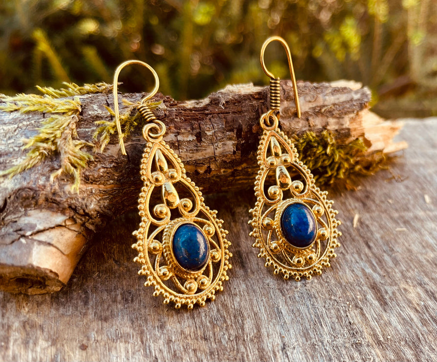 Lapis Lazuli earrings Brass Drop Dangle earrings / Birth Stone / Ethnic / rustic, yoga, hippie, gypsy, pretty, psy, boho, bohemian, festival