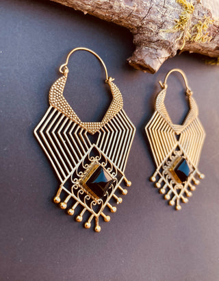 Ethnic Inca Black Onyx Silver Earrings / Tribal / Rustic / Yoga / Hippie / Gypsy / Psy / Boho / Bohemian / Festival / Black Stone