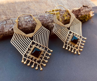 Ethnic Inca Black Onyx Silver Earrings / Tribal / Rustic / Yoga / Hippie / Gypsy / Psy / Boho / Bohemian / Festival / Black Stone