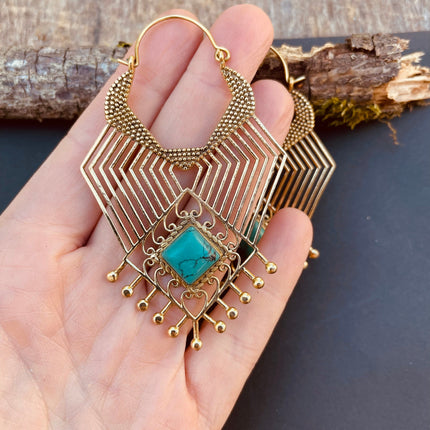 Ethnic Inca Turquoise Brass Earrings / Tribal / Rustic / Yoga / Hippie / Gypsy / Psy / Boho / Bohemian / Festival