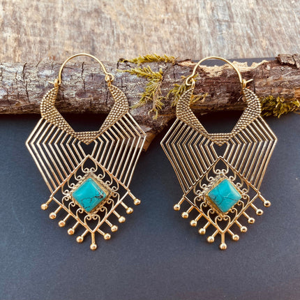 Ethnic Inca Turquoise Brass Earrings / Tribal / Rustic / Yoga / Hippie / Gypsy / Psy / Boho / Bohemian / Festival