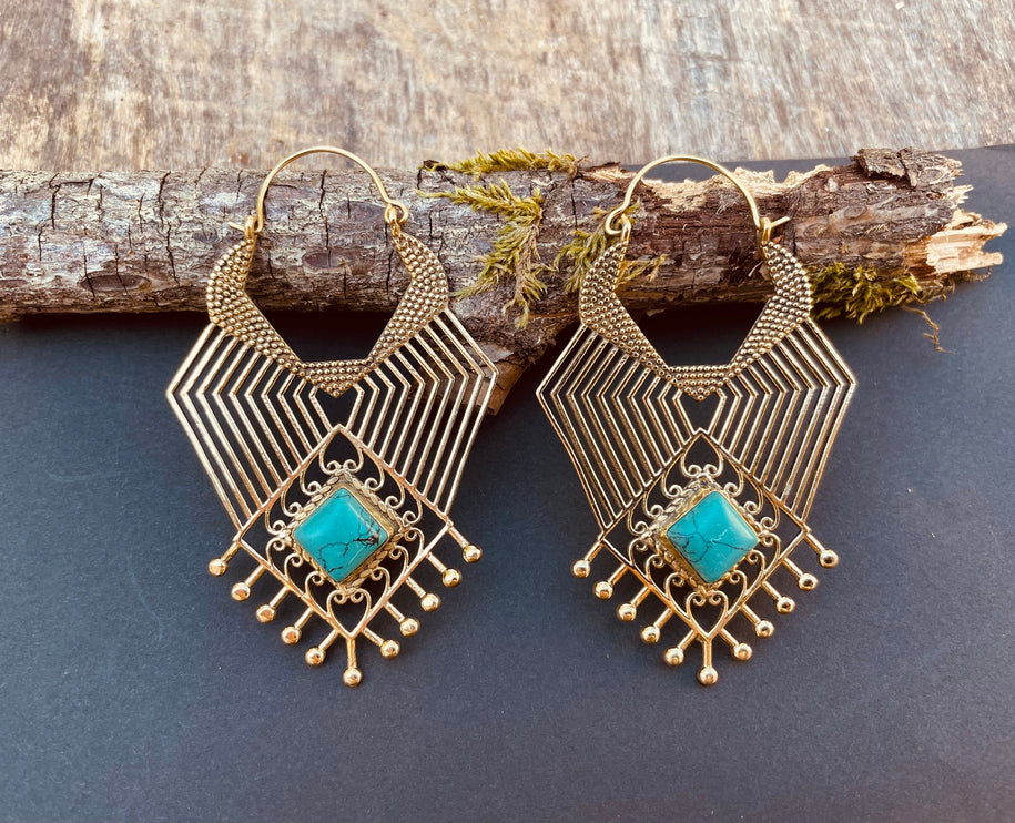 Ethnic Inca Turquoise Brass Earrings / Tribal / Rustic / Yoga / Hippie / Gypsy / Psy / Boho / Bohemian / Festival