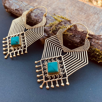 Ethnic Inca Turquoise Brass Earrings / Tribal / Rustic / Yoga / Hippie / Gypsy / Psy / Boho / Bohemian / Festival