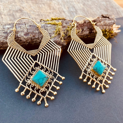 Ethnic Inca Turquoise Brass Earrings / Tribal / Rustic / Yoga / Hippie / Gypsy / Psy / Boho / Bohemian / Festival