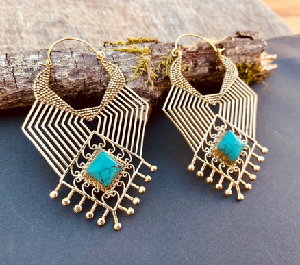 Ethnic Inca Turquoise Brass Earrings / Tribal / Rustic / Yoga / Hippie / Gypsy / Psy / Boho / Bohemian / Festival