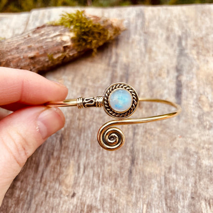 Golden Moonstone Bracelet / Brass / Adjustable / Spiral / Ethnic / Rustic / Bohemian / Boho /