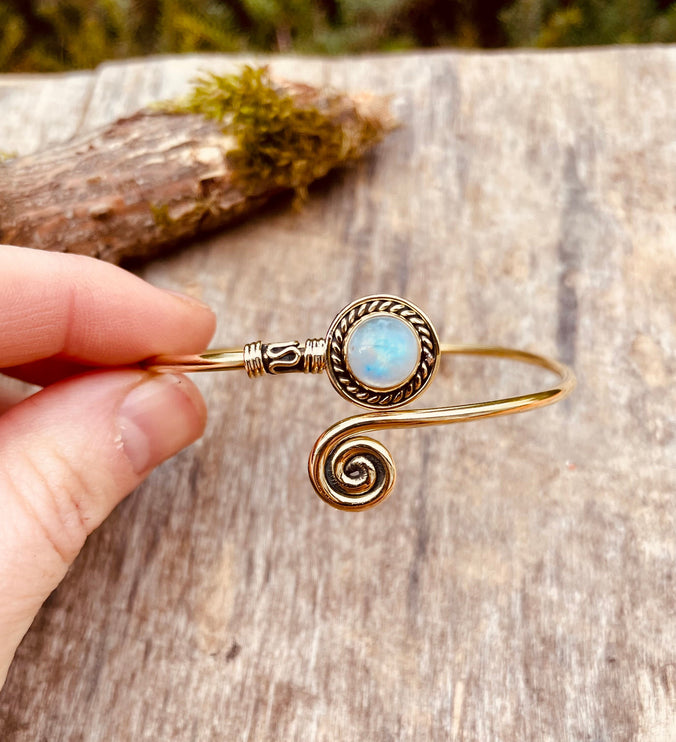 Golden Moonstone Bracelet / Brass / Adjustable / Spiral / Ethnic / Rustic / Bohemian / Boho /