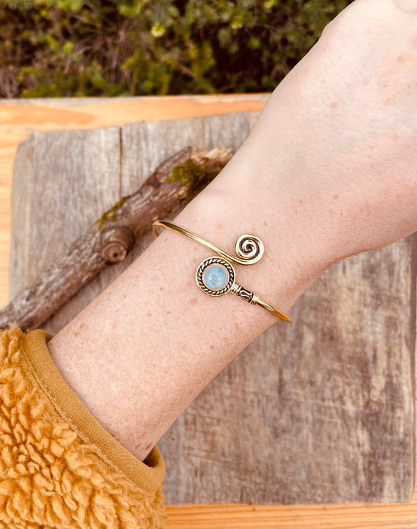 Golden Moonstone Bracelet / Brass / Adjustable / Spiral / Ethnic / Rustic / Bohemian / Boho /