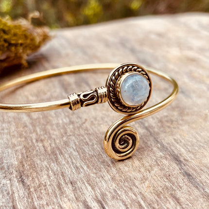 Golden Moonstone Bracelet / Brass / Adjustable / Spiral / Ethnic / Rustic / Bohemian / Boho /