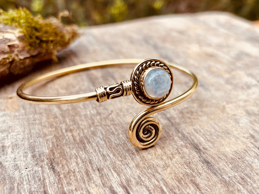 Golden Moonstone Bracelet / Brass / Adjustable / Spiral / Ethnic / Rustic / Bohemian / Boho /