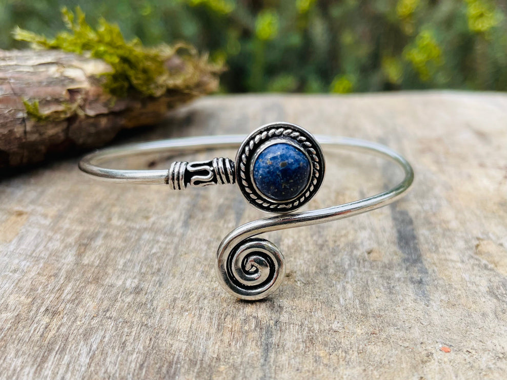 Lapis Lazuli Silver Bracelet / Adjustable / Spiral / Ethnic / Rustic / Bohemian / Boho / 