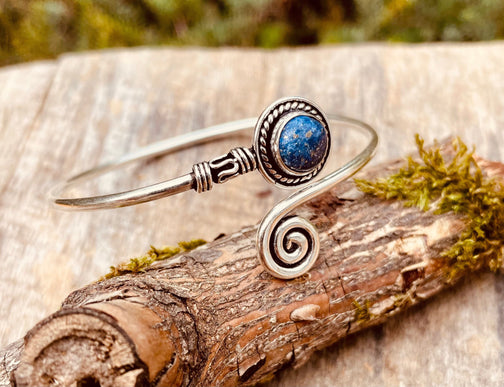 Lapis Lazuli Silver Bracelet / Adjustable / Spiral / Ethnic / Rustic / Bohemian / Boho / 