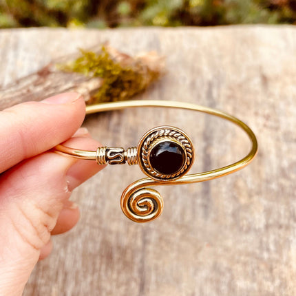 Golden Bracelet & Black Onyx / Brass / Adjustable / Spiral / Ethnic / Rustic / Bohemian / Boho /