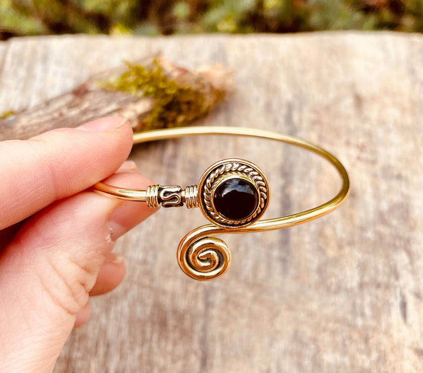 Golden Bracelet & Black Onyx / Brass / Adjustable / Spiral / Ethnic / Rustic / Bohemian / Boho /