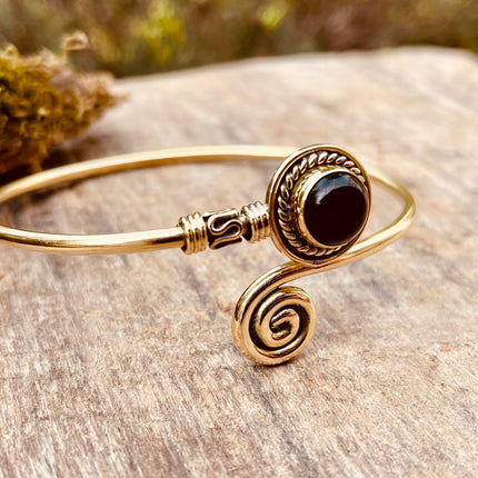 Golden Bracelet & Black Onyx / Brass / Adjustable / Spiral / Ethnic / Rustic / Bohemian / Boho /