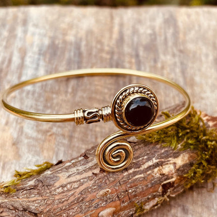 Golden Bracelet & Black Onyx / Brass / Adjustable / Spiral / Ethnic / Rustic / Bohemian / Boho /