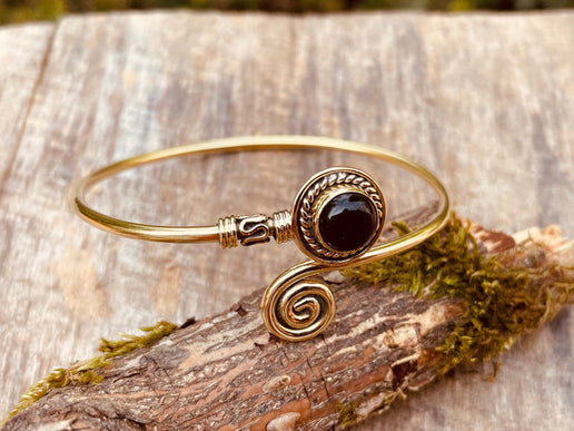 Golden Bracelet & Black Onyx / Brass / Adjustable / Spiral / Ethnic / Rustic / Bohemian / Boho /