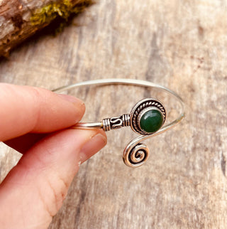Silver Bracelet & Green Onyx / Adjustable / Spiral / Ethnic / Rustic / Bohemian / Boho / 
