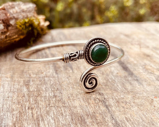 Silver Bracelet & Green Onyx / Adjustable / Spiral / Ethnic / Rustic / Bohemian / Boho / 