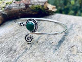 Silver Bracelet & Green Onyx / Adjustable / Spiral / Ethnic / Rustic / Bohemian / Boho / 