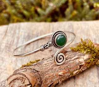 Silver Bracelet & Green Onyx / Adjustable / Spiral / Ethnic / Rustic / Bohemian / Boho / 