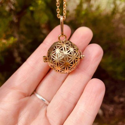 Golden Bola Necklace Flower of Life / Pregnancy / Harmony Ball / Chimes / Bell / Vegan / Ethnic / Boho / Tribal / Rustic / Hypoallergenic