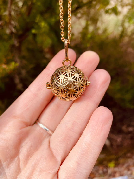 Golden Bola Necklace Flower of Life / Pregnancy / Harmony Ball / Chimes / Bell / Vegan / Ethnic / Boho / Tribal / Rustic / Hypoallergenic