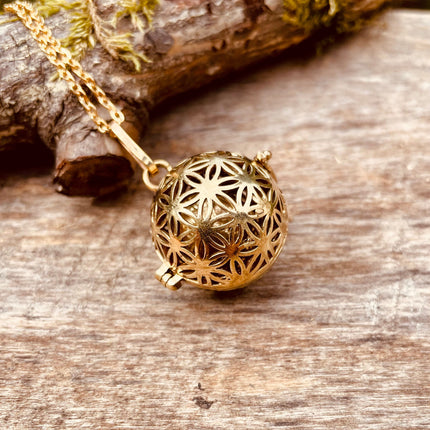 Golden Bola Necklace Flower of Life / Pregnancy / Harmony Ball / Chimes / Bell / Vegan / Ethnic / Boho / Tribal / Rustic / Hypoallergenic