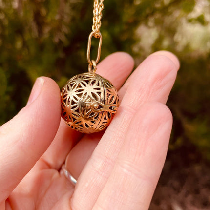 Golden Bola Necklace Flower of Life / Pregnancy / Harmony Ball / Chimes / Bell / Vegan / Ethnic / Boho / Tribal / Rustic / Hypoallergenic