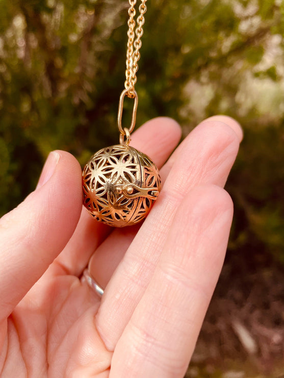 Golden Bola Necklace Flower of Life / Pregnancy / Harmony Ball / Chimes / Bell / Vegan / Ethnic / Boho / Tribal / Rustic / Hypoallergenic