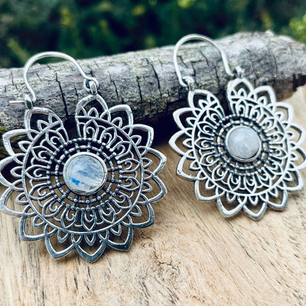 Silver Mandala Flower Moonstone Earrings ; Ethnic, Geometric, rustic, yoga, hippie, gypsy, pretty, boho, bohemian, festival