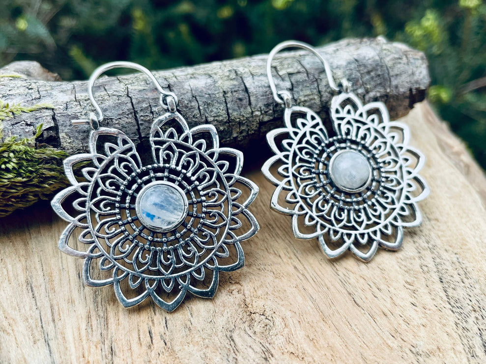 Silver Mandala Flower Moonstone Earrings ; Ethnic, Geometric, rustic, yoga, hippie, gypsy, pretty, boho, bohemian, festival