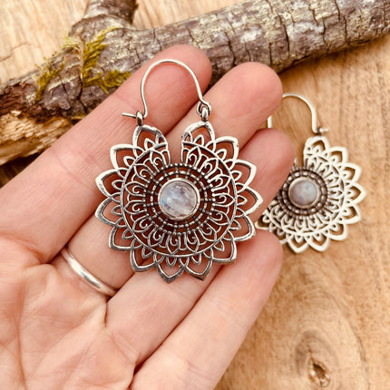 Silver Mandala Flower Moonstone Earrings ; Ethnic, Geometric, rustic, yoga, hippie, gypsy, pretty, boho, bohemian, festival