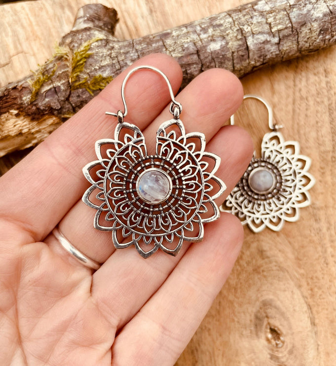 Silver Mandala Flower Moonstone Earrings ; Ethnic, Geometric, rustic, yoga, hippie, gypsy, pretty, boho, bohemian, festival