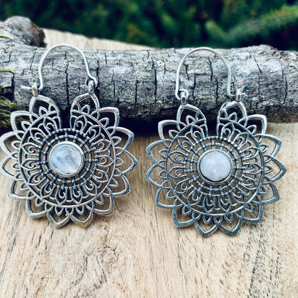 Silver Mandala Flower Moonstone Earrings ; Ethnic, Geometric, rustic, yoga, hippie, gypsy, pretty, boho, bohemian, festival