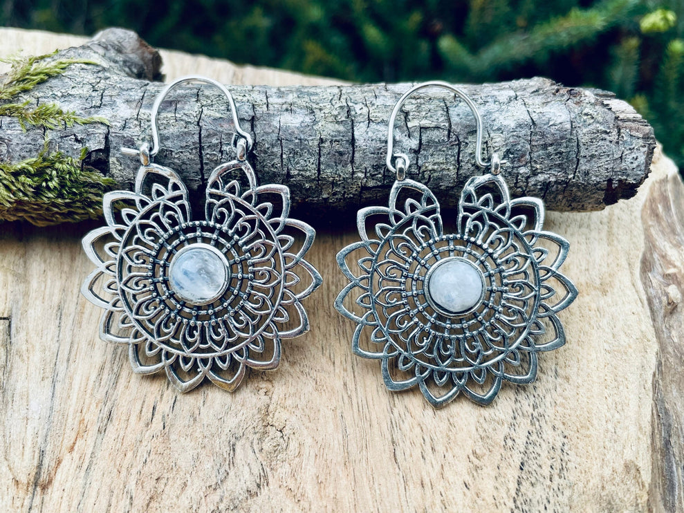 Silver Mandala Flower Moonstone Earrings ; Ethnic, Geometric, rustic, yoga, hippie, gypsy, pretty, boho, bohemian, festival