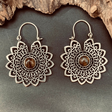 Silver Tiger Eye Mandala Flower Earrings ; Ethnic, Geometric, rustic, yoga, hippie, gypsy, pretty, boho, bohemian, festival