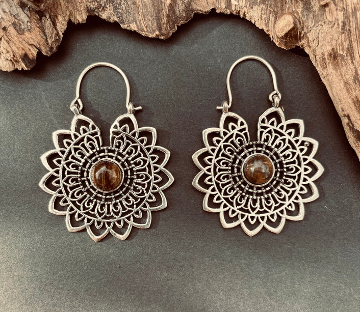 Silver Tiger Eye Mandala Flower Earrings ; Ethnic, Geometric, rustic, yoga, hippie, gypsy, pretty, boho, bohemian, festival