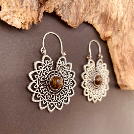 Silver Tiger Eye Mandala Flower Earrings ; Ethnic, Geometric, rustic, yoga, hippie, gypsy, pretty, boho, bohemian, festival