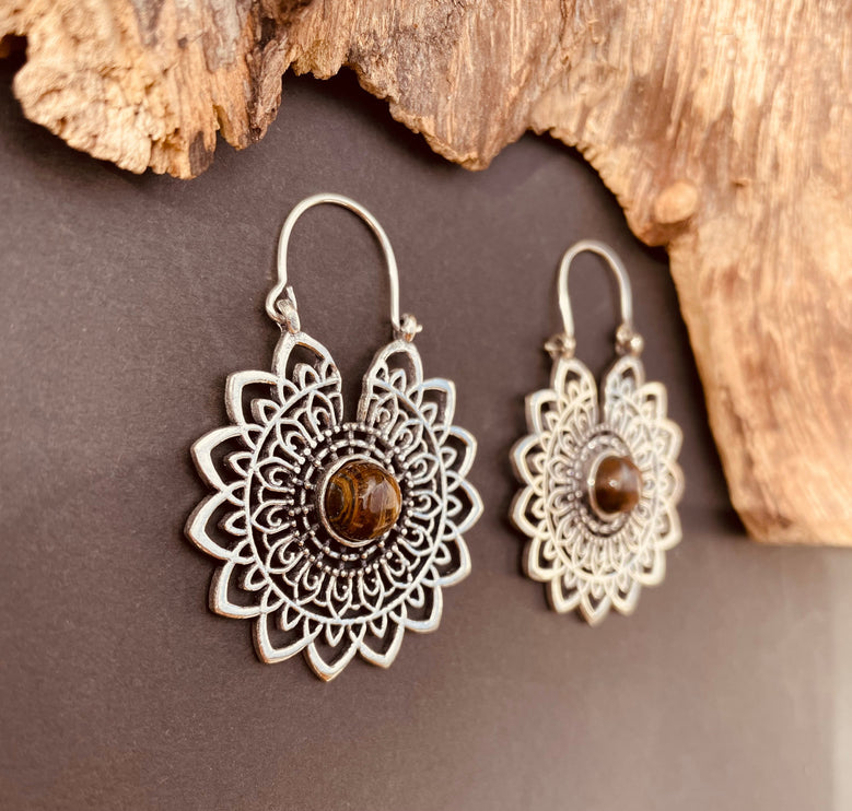 Silver Tiger Eye Mandala Flower Earrings ; Ethnic, Geometric, rustic, yoga, hippie, gypsy, pretty, boho, bohemian, festival