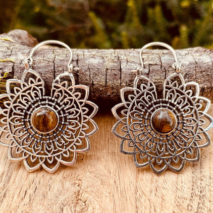 Silver Tiger Eye Mandala Flower Earrings ; Ethnic, Geometric, rustic, yoga, hippie, gypsy, pretty, boho, bohemian, festival