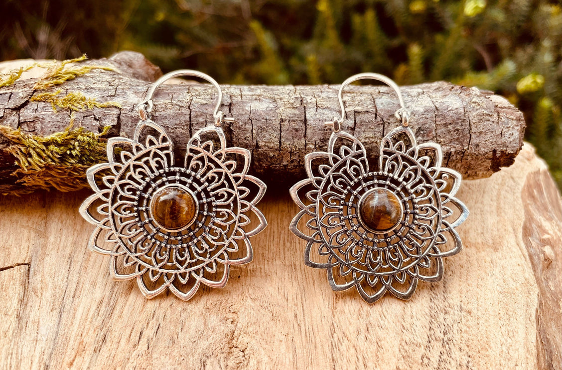 Silver Tiger Eye Mandala Flower Earrings ; Ethnic, Geometric, rustic, yoga, hippie, gypsy, pretty, boho, bohemian, festival