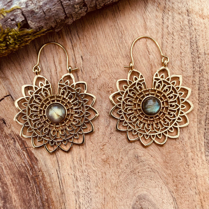 Golden Mandala Flower Labradorite Earrings ; Ethnic, Geometric, rustic, yoga, hippie, gypsy, pretty, boho, bohemian, festival