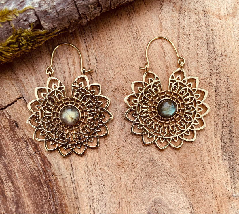 Golden Mandala Flower Labradorite Earrings ; Ethnic, Geometric, rustic, yoga, hippie, gypsy, pretty, boho, bohemian, festival