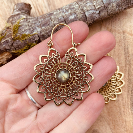 Golden Mandala Flower Labradorite Earrings ; Ethnic, Geometric, rustic, yoga, hippie, gypsy, pretty, boho, bohemian, festival