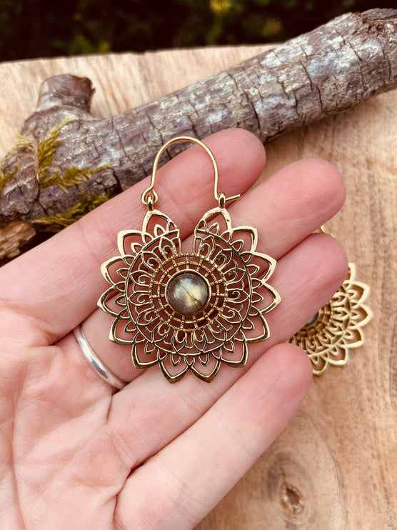 Golden Mandala Flower Labradorite Earrings ; Ethnic, Geometric, rustic, yoga, hippie, gypsy, pretty, boho, bohemian, festival