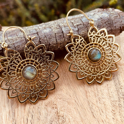 Golden Mandala Flower Labradorite Earrings ; Ethnic, Geometric, rustic, yoga, hippie, gypsy, pretty, boho, bohemian, festival