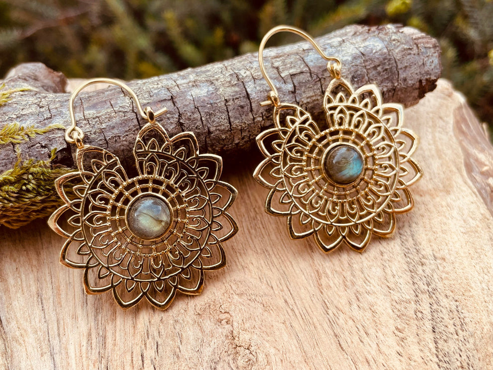 Golden Mandala Flower Labradorite Earrings ; Ethnic, Geometric, rustic, yoga, hippie, gypsy, pretty, boho, bohemian, festival