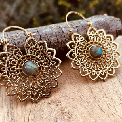 Golden Mandala Flower Labradorite Earrings ; Ethnic, Geometric, rustic, yoga, hippie, gypsy, pretty, boho, bohemian, festival